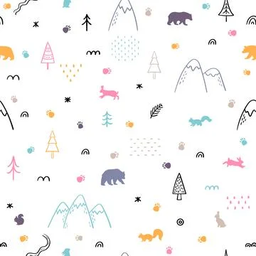 Seamless pattern with wild forest animals. Hand drawn background. Scandinav.. 스톡 일러스트