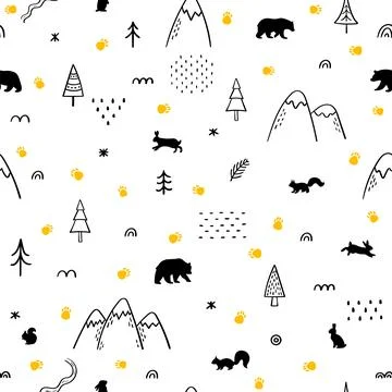 Seamless pattern with wild forest animals. Hand drawn background. Woodland .. Stock Illustration