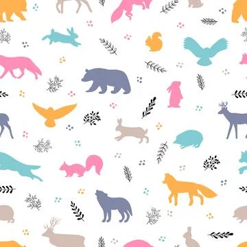 Seamless pattern with wild forest animals. Woodland life. Background for te.. Stock Illustration