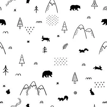 Seamless pattern with wild forest animals. Woodland life. Hand drawn backgrou Stock Illustration