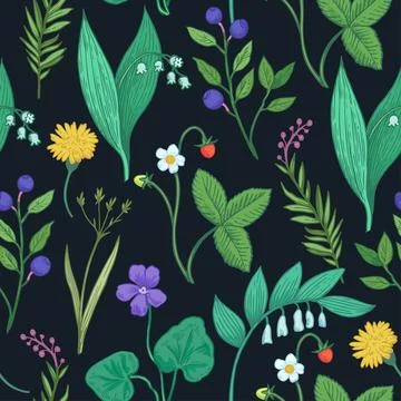 Seamless pattern with wild forest plants, flowers and berries. Stylized doo.. イラスト素材