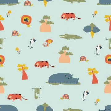 Seamless Pattern with Wild Jungle Animals on Blue Background Stock Illustration
