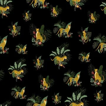 Seamless pattern with wild jungle Cheetahs in different poses and exotics イラスト素材