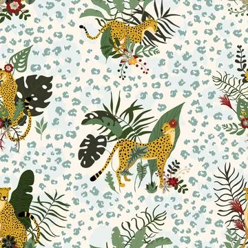 Seamless pattern with wild jungle cheetahs animals in different poses Stock Illustration