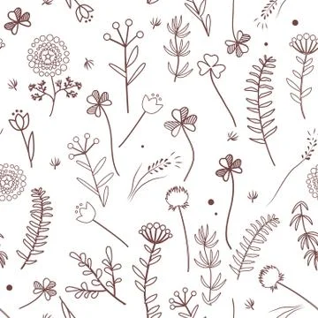 Seamless pattern with wild meadow herbs silhouettes Stock Illustration