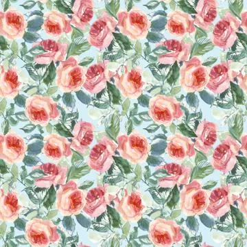 Seamless pattern wild pink roses flower and green leaves. Watercolor floral Stock Illustration