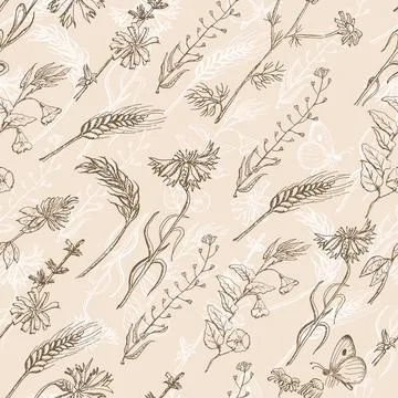 Seamless pattern with wild plants on a beige background Stock Illustration