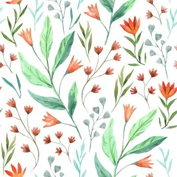 Seamless pattern with wild pretty cute flowers. Watercolor illustration Stock Illustration