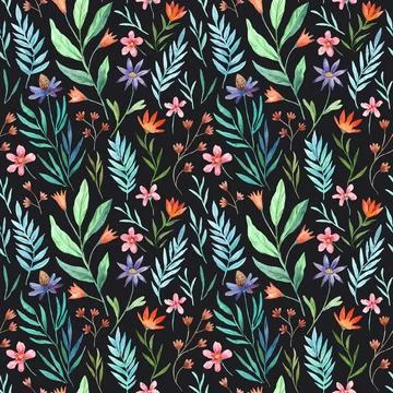 Seamless pattern with wild pretty cute flowers. Watercolor illustration Stock Illustration