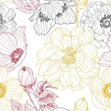 Seamless pattern of wild roses and anemones blossom branch isolated on white Stock Illustration