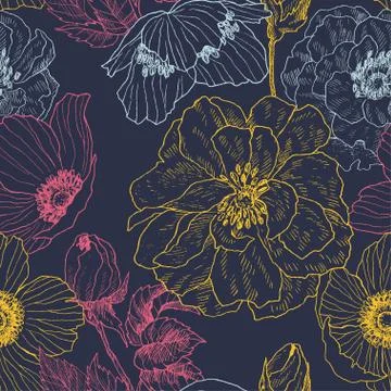 Seamless pattern of wild roses and anemones blossom branch isolated on white Stock Illustration