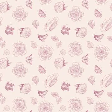 Seamless pattern of wild roses blossom branch and butterfly. Vintage botanical Stock Illustration