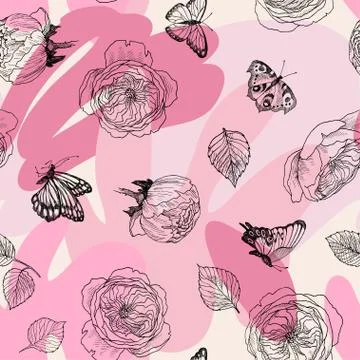 Seamless pattern of wild roses blossom branch. Linear drawing on spring color Stock Illustration