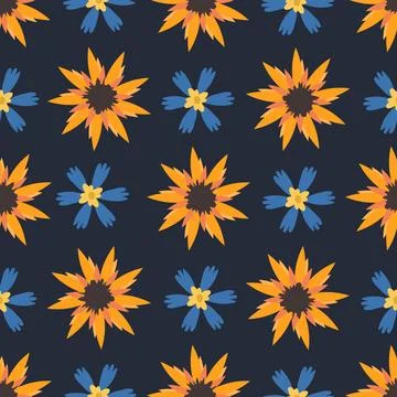 Seamless pattern of wild summer flowers such as cornflower and sunflower. Stock Illustration