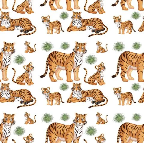 Seamless pattern with wild tiger in many poses on white background イラスト素材