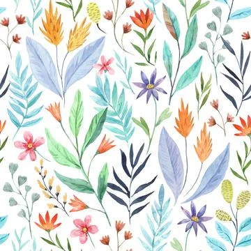 Seamless pattern with wild tropical flowers. Watercolor illustration Stock Illustration