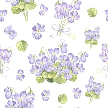 Seamless pattern from wild violets with green leaves. Hand drawn watercolor Stock Illustration