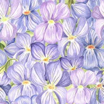 Seamless pattern from wild violets with green leaves. Hand drawn watercolor Stock Illustration
