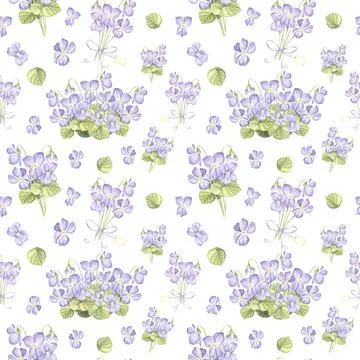 Seamless pattern from wild violets with green leaves. Hand drawn watercolor Illustrazione stock