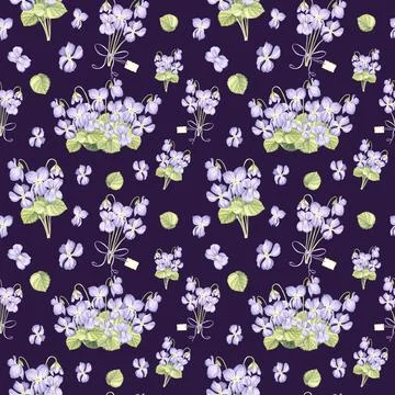 Seamless pattern from wild violets with green leaves on dark background. Hand Stock Illustration