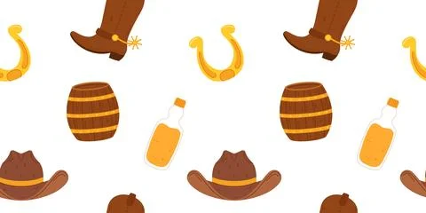 Seamless pattern Wild West elements, cowboy hats, boots with spurs, barrels.. Stock Illustration