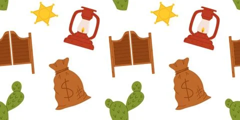 Seamless pattern Wild West theme elements sheriff badges, saloon doors, lan.. 库存插图
