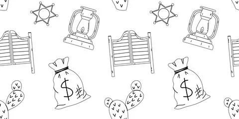 Seamless pattern Wild West theme elements sheriff badges, saloon doors, lan.. Stock Illustration
