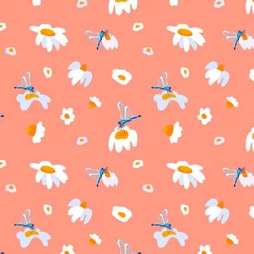 Seamless pattern wild wildflowers daisy dragonfly Garden flower graphic card Red Stock Illustration