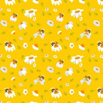 Seamless pattern wildflower daisy bee Plant flower graphic card Yellow poster イラスト素材