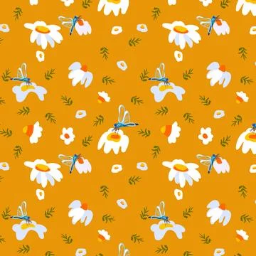 Seamless pattern wildflower daisy dragonfly Plant flower graphic card Yellow Stock Illustration