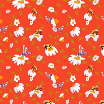 Seamless pattern wildflower daisy dragonfly Plant flower graphic card Orange Stock Illustration