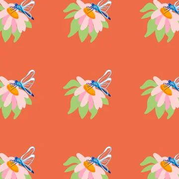 Seamless pattern wildflower daisy dragonfly Plant flower graphic card Orange Illustrazione stock