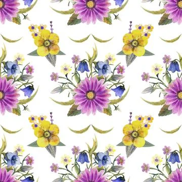 Seamless pattern with wildflowers and leaves on white background. Floral patt Stock Illustration