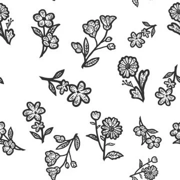 Seamless pattern wildflowers. Sketch scratch board imitation. Black and white. イラスト素材