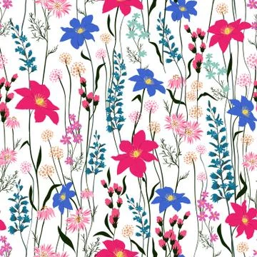 Seamless Pattern wind blow flowers, Isolated on whhite color. Botanical Floral Stock Illustration