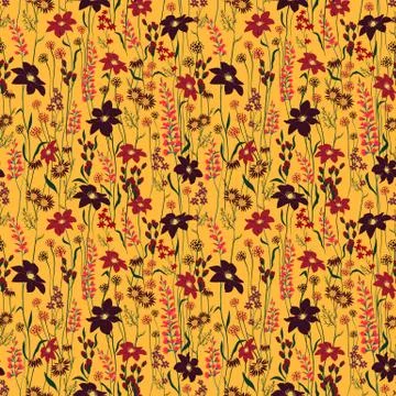 Seamless Pattern wind blow flowers, Isolated on orange color. Botanical Floral Stock Illustration