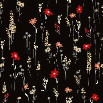Seamless Pattern wind blow flowers, Isolated on black color. Botanical Floral Stock Illustration