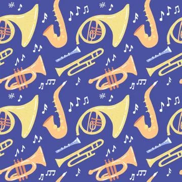 Seamless pattern with wind musical instruments - trombone, trumpet, saxophone Stock Illustration