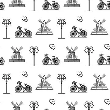 Seamless pattern with windmill, bicycle, lantern. Stock Illustration