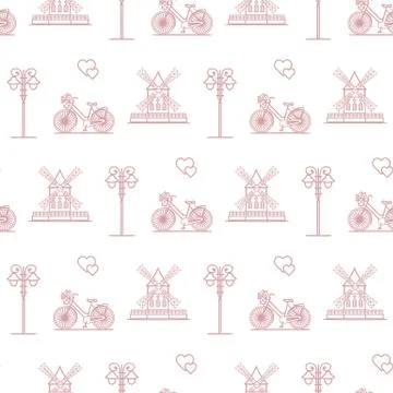 Seamless pattern with windmill, bicycle, lantern. Stock Illustration