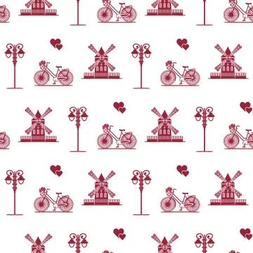 Seamless pattern with windmill, bicycle, lantern. 스톡 일러스트