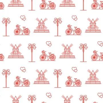 Seamless pattern with windmill, bicycle, lantern. Stockillustratie