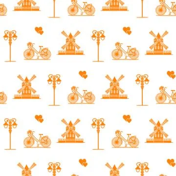 Seamless pattern with windmill, bicycle, lantern. 스톡 일러스트