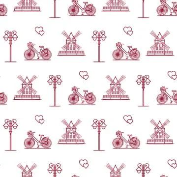 Seamless pattern with windmill, bicycle, lantern. Stock Illustration