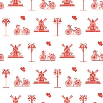 Seamless pattern with windmill, bicycle, lantern. Stock Illustration