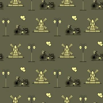 Seamless pattern with windmill, bicycle, lantern. Stock Illustration
