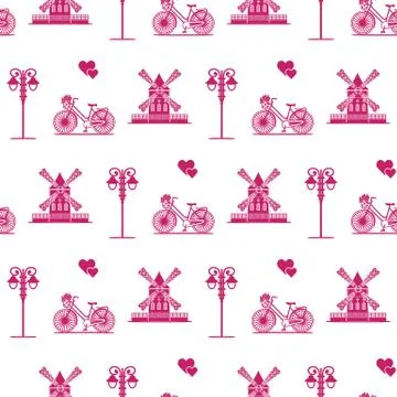 Seamless pattern with windmill, bicycle, lantern. Stock Illustration