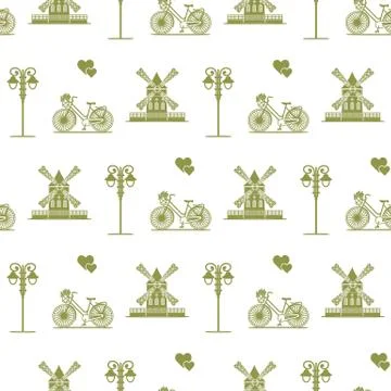 Seamless pattern with windmill, bicycle, lantern. Stockillustratie