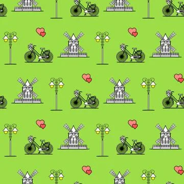 Seamless pattern with windmill, bicycle, lantern. 스톡 일러스트