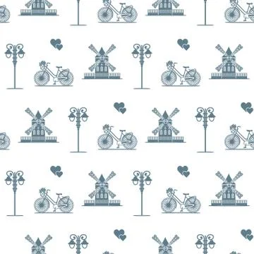 Seamless pattern with windmill, bicycle, lantern. 스톡 일러스트